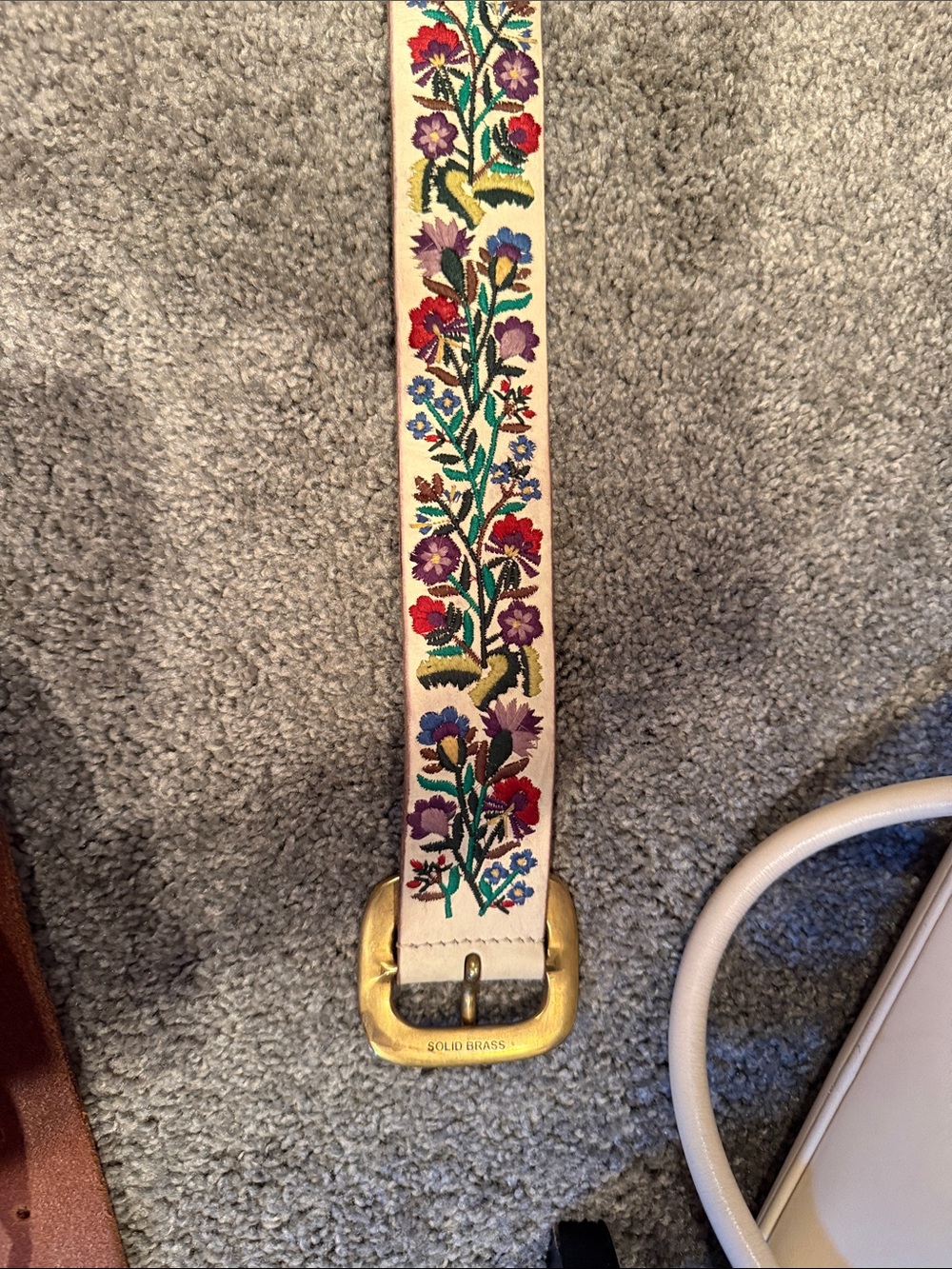 Lucky Brand Floral Embroidered Cream Leather Belt with Multicolor Flowers